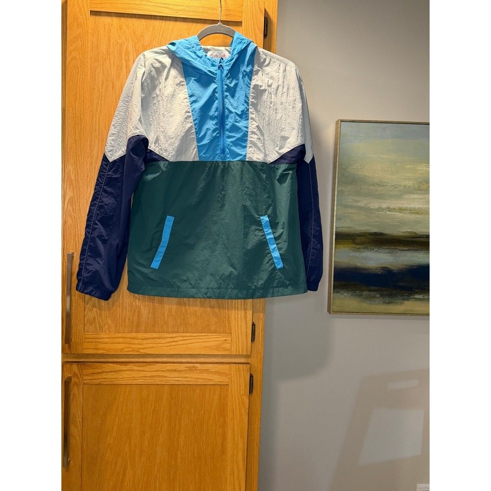 Cat & Jack Kids XL 16 Colorblock Windbreaker Half Zip Hooded Jacket Blue Teal